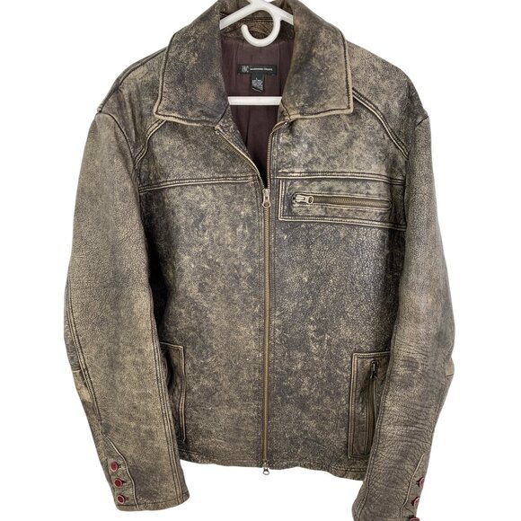 I.N.C. International Concepts Mens Large Distress Leather Jacket  Zip Pockets - Picture 1 of 7